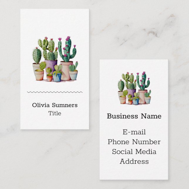 Cute watercolor cacti cactus succulents in pots business card (Front/Back)
