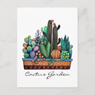 Cute Watercolor Cactus Garden In Beautiful Pot Postcard