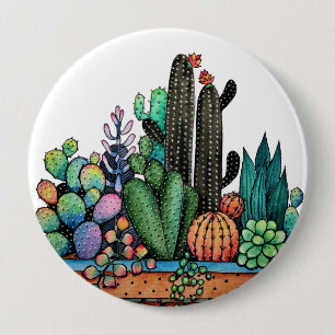 Cute Watercolor Cactus Garden In Pot 10 Cm Round Badge