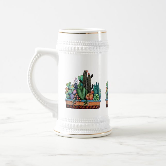 Cute Watercolor Cactus Garden In Pot Beer Stein (Left)