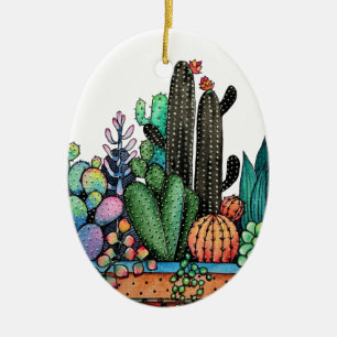 Cute Watercolor Cactus Garden In Pot Ceramic Tree Decoration