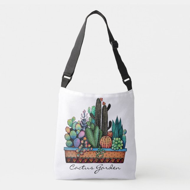 Cute Watercolor Cactus Garden In Pot Crossbody Bag (Front)