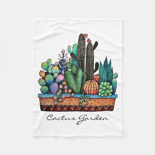 Cute Watercolor Cactus Garden In Pot Fleece Blanket (Front)