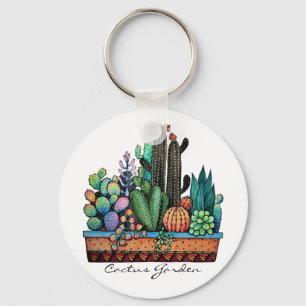 Cute Watercolor Cactus Garden In Pot Key Ring