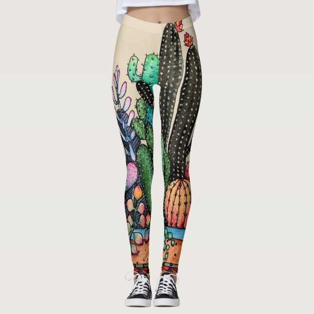 Cute Watercolor Cactus Garden In Pot Leggings (Front)