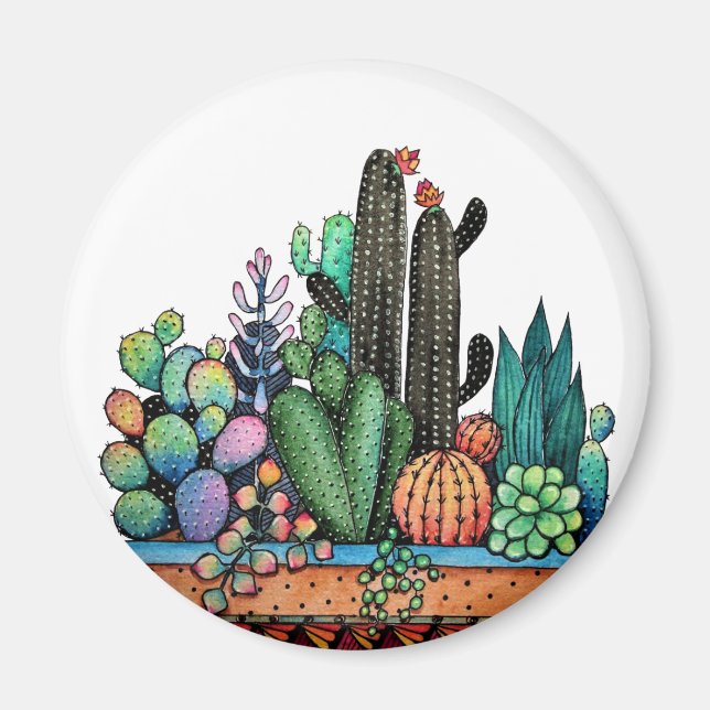 Cute Watercolor Cactus Garden In Pot Magnet (Front)