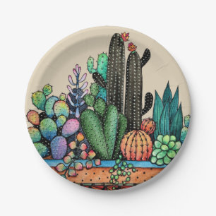 Cute Watercolor Cactus Garden In Pot Paper Plate