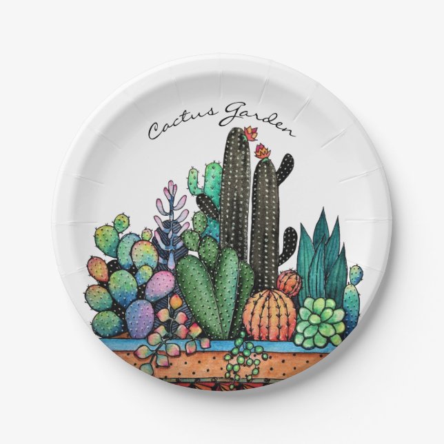 Cute Watercolor Cactus Garden In Pot Paper Plate (Front)