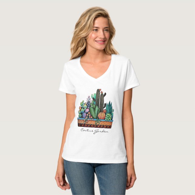 Cute Watercolor Cactus Garden In Pot T-Shirt (Front Full)