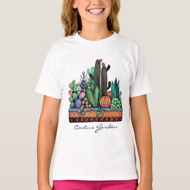 Cute Watercolor Cactus Garden In Pot T-Shirt (Front)