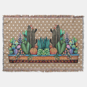 Cute Watercolor Cactus Garden In Pot Throw Blanket
