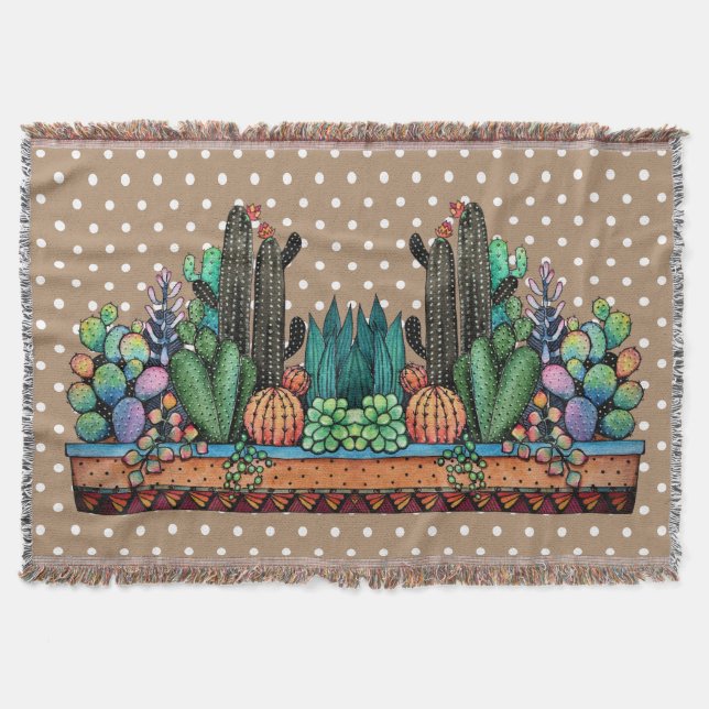 Cute Watercolor Cactus Garden In Pot Throw Blanket (Front)