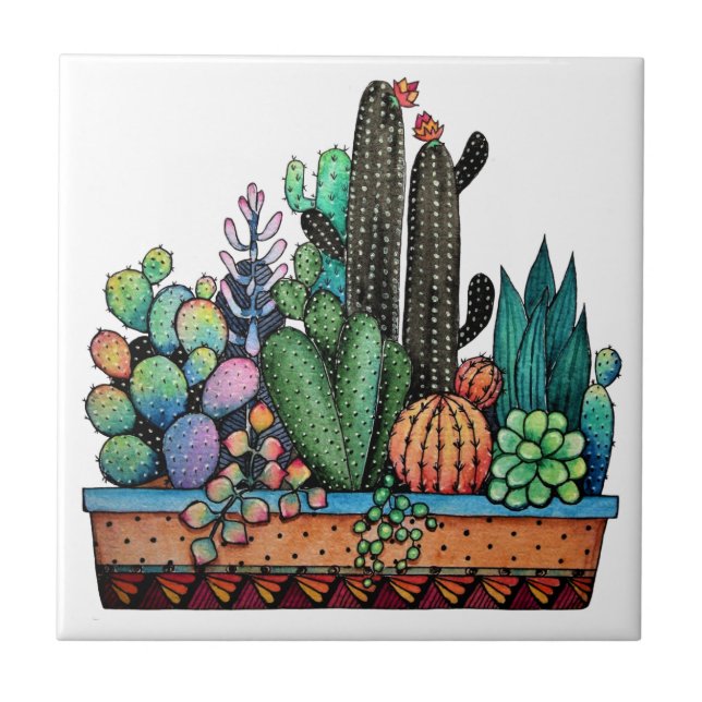 Cute Watercolor Cactus Garden In Pot Tile (Front)