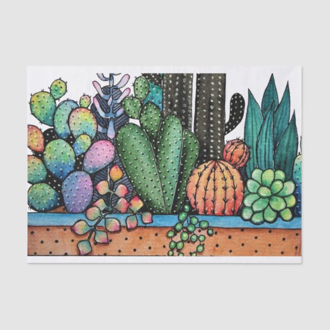 Cute Watercolor Cactus Garden In Pot Tissue Paper (Front)