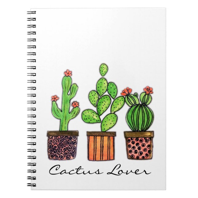 Cute Watercolor Cactus In Pots Spiral Notebook (Front)