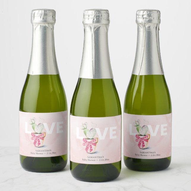 Cute Watercolor Cactus Valentine's Party Favours Sparkling Wine Label (Bottles)