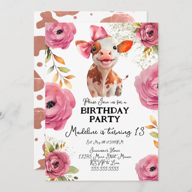 Cute Watercolor Calf Cow Birthday Pink Florals Invitation (Front/Back)