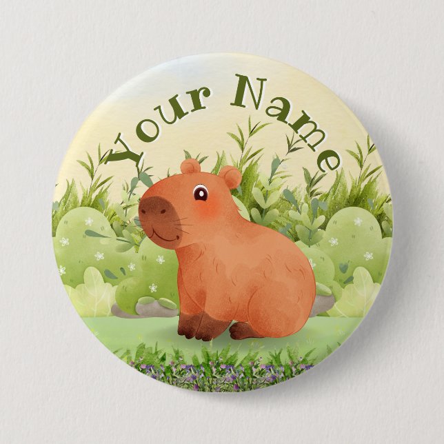Cute Watercolor Capybara Custom Name Round Button  (Front)