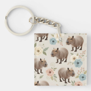 Cute Watercolor Capybara Seamless Pattern Key Ring