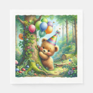 Cute Watercolor Cartoon Baby Bear Cub Birthday Napkin