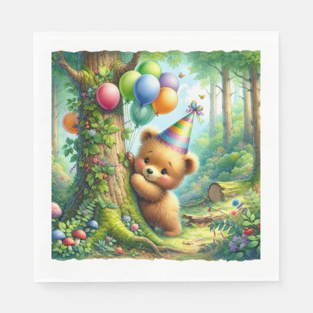 Cute Watercolor Cartoon Baby Bear Cub Birthday Napkin (Front)