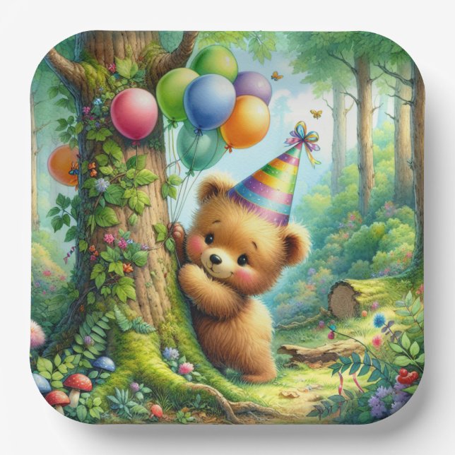 Cute Watercolor Cartoon Baby Bear Cub Birthday Paper Plate (Front)