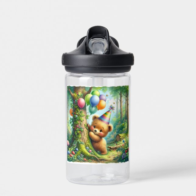 Cute Watercolor Cartoon Baby Bear Cub Birthday Water Bottle (Front)