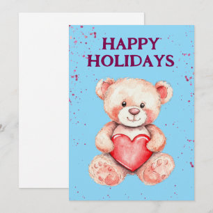cute watercolor cartoon bear with red heart holiday card