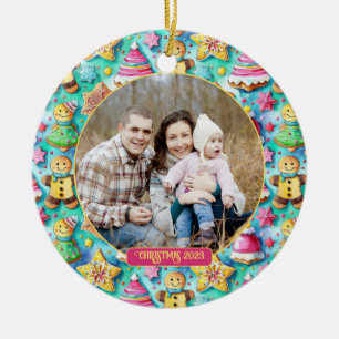 Cute Watercolor Cartoon Gingerbread Cookie Photo Ceramic Tree Decoration
