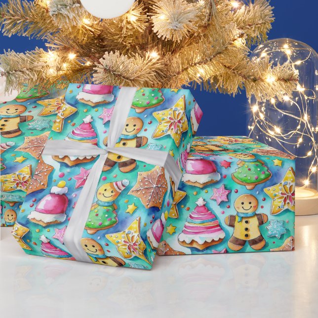 Cute Watercolor Cartoon Gingerbread Cookie Wrapping Paper (Holidays)