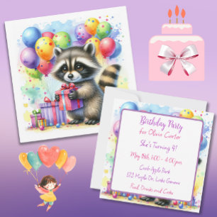 Cute Watercolor Cartoon Racoon Birthday Invitation