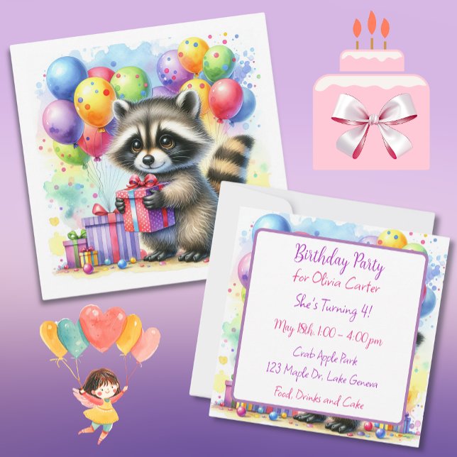 Cute Watercolor Cartoon Racoon Birthday Invitation (Creator Uploaded)
