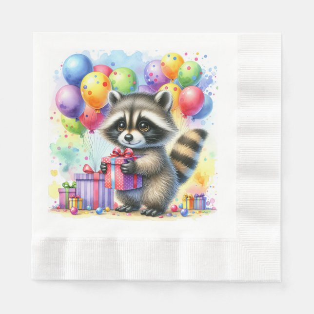 Cute Watercolor Cartoon Racoon Birthday Napkin (Front)