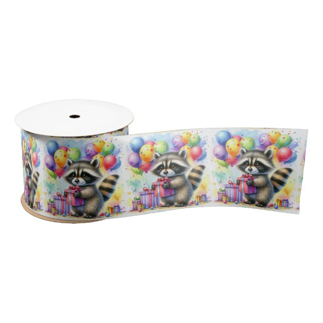 Cute Watercolor Cartoon Racoon Birthday Satin Ribbon (Spool)