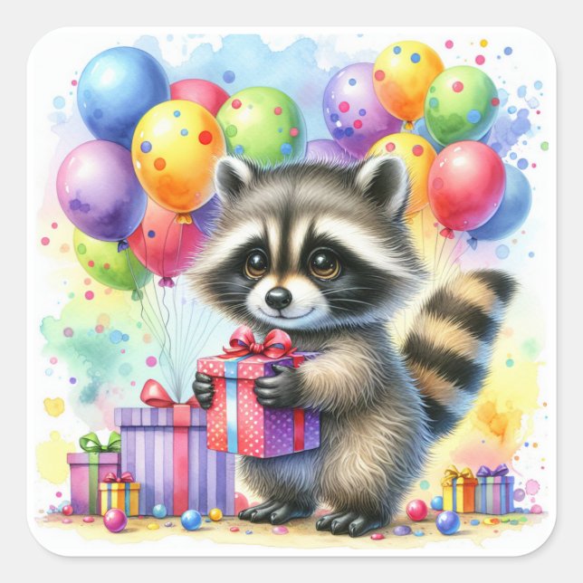 Cute Watercolor Cartoon Racoon Birthday Square Sticker (Front)