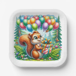 Cute Watercolor Cartoon Squirrel Birthday Paper Plate
