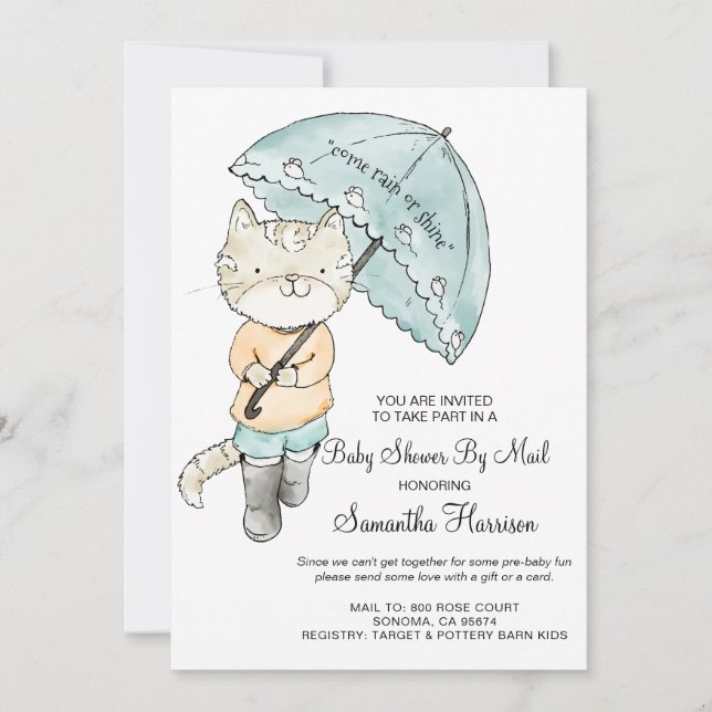 Cute Watercolor Cat Baby Shower By Mail Invitation (Front)