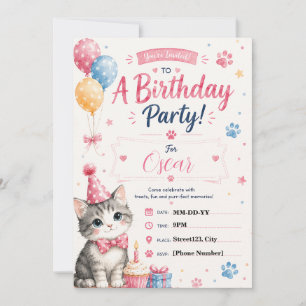 Cute Watercolor Cat Birthday Customisable Invitation