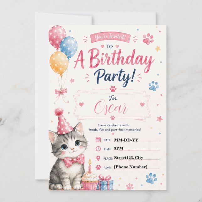 Cute Watercolor Cat Birthday Customisable Invitation (Front)