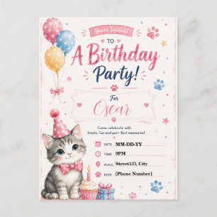 Cute Watercolor Cat Birthday Invitation Custom Postcard