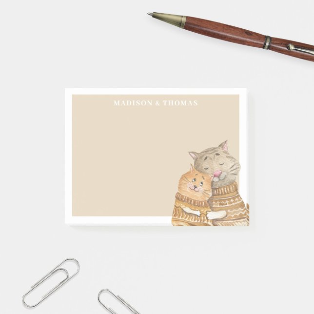 Cute Watercolor Cat Couple Custom Name Post-it Notes (Creator Uploaded)