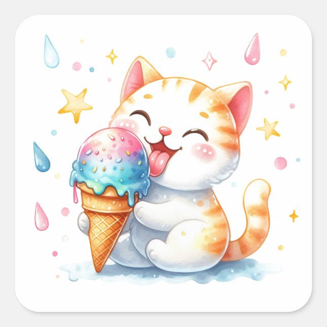 Cute Watercolor Cat Eating Ice Cream Whimsical  Square Sticker (Front)