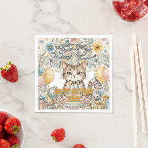 Cute Watercolor Cat First Birthday Paper Napkin