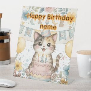 Cute Watercolor Cat First Birthday Pedestal Sign