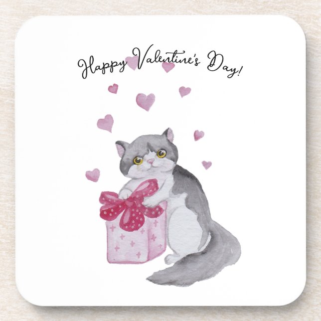 Cute watercolor cat for Valentine's day Coaster (Front)