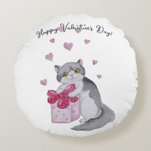 Cute watercolor cat for Valentine's day Round Cushion