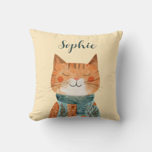 Cute Watercolor Cat Illustration Nursery Name Cushion