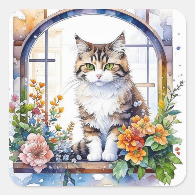 Cute Watercolor Cat in Floral Window Square Sticker (Front)