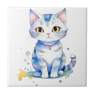 Cute watercolor cat (kitten) design tile