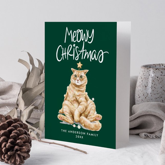 Cute Watercolor Cat Meowy Christmas Non-Photo Holiday Card (Creator Uploaded)